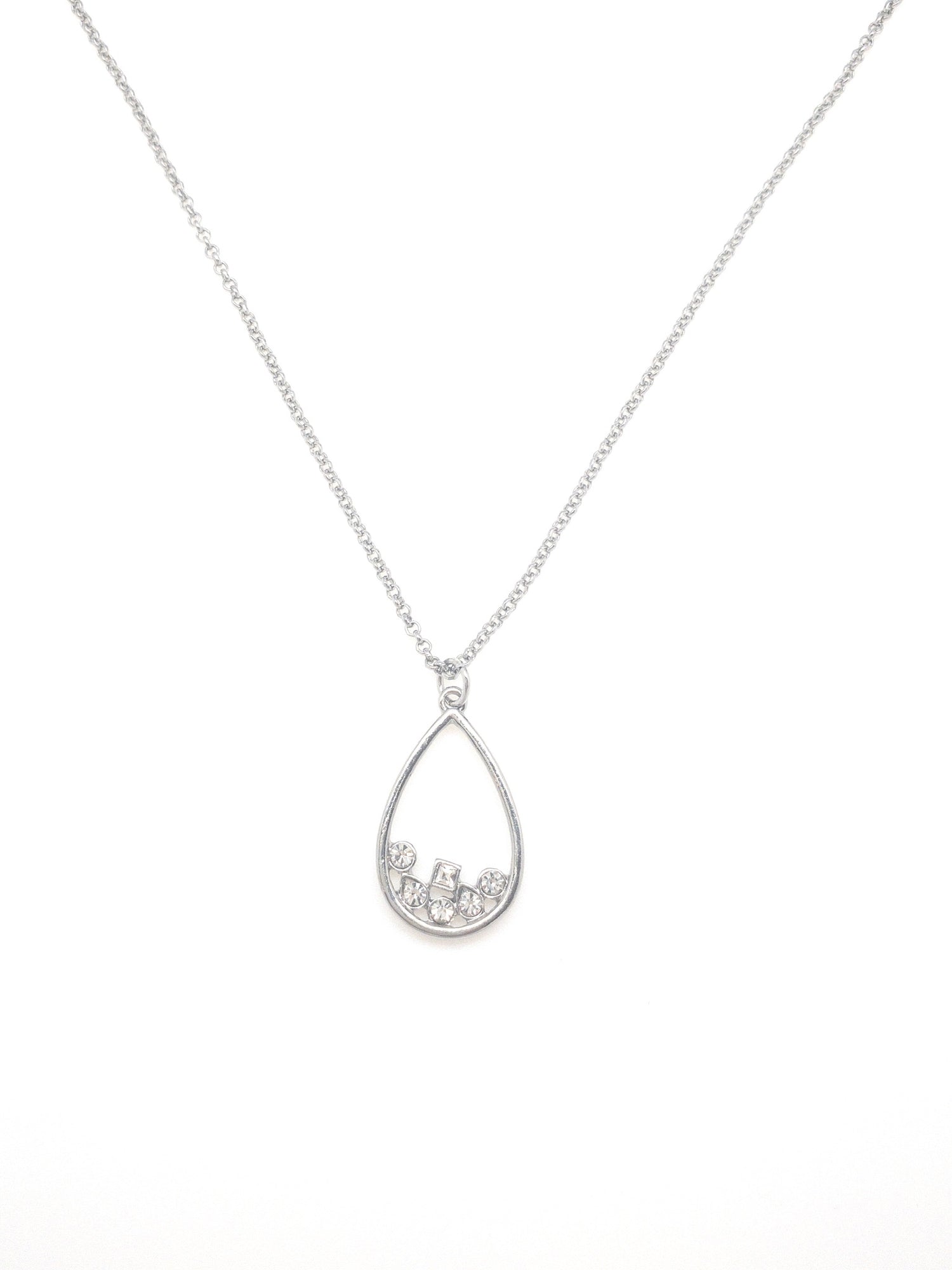 Rowan drop shaped necklace in silver with tiny crystals inside