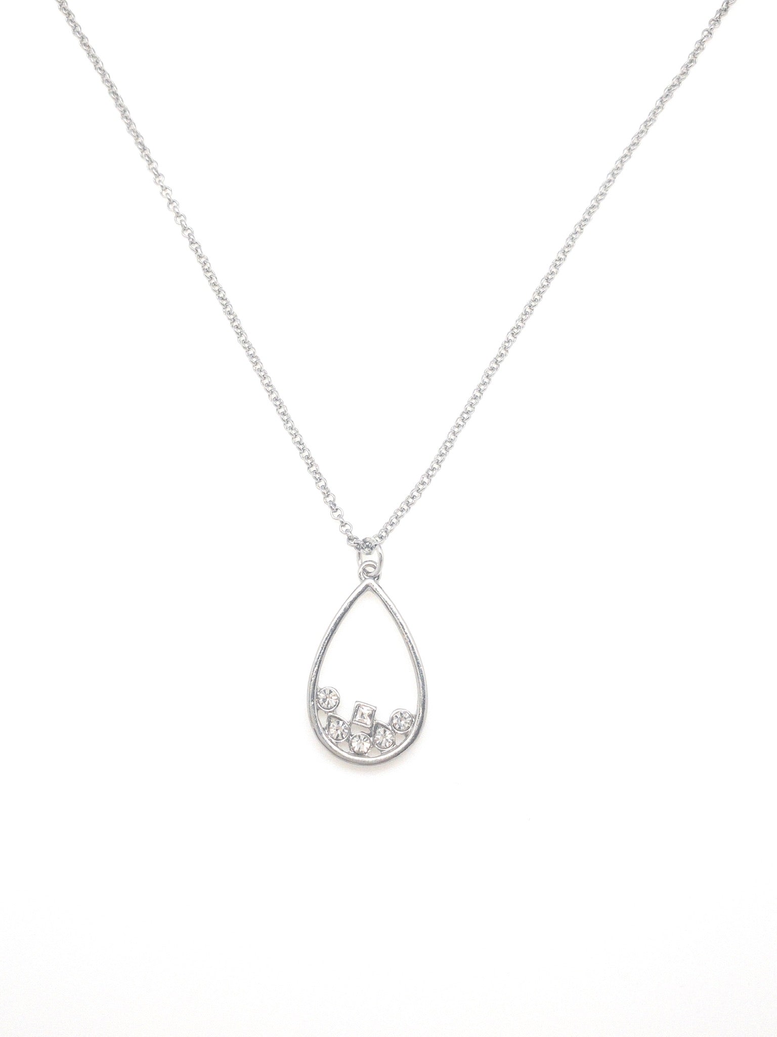 Rowan drop shaped necklace in silver with tiny crystals inside