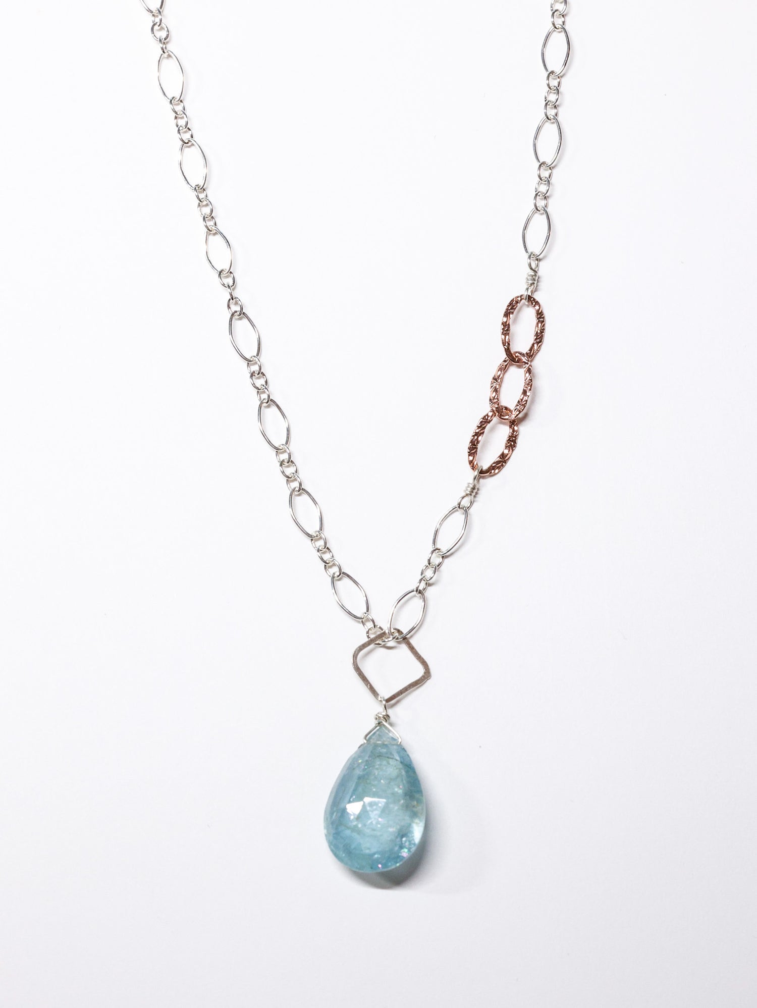 Aquamarine Teardrop nh Necklace with sterling chain and rose gold accents