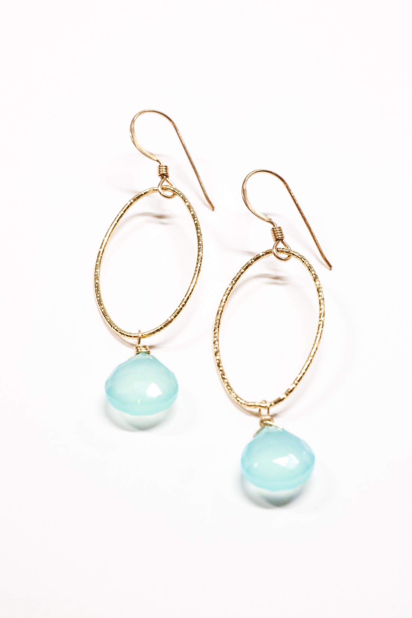 Georgina Peruvian Chalcedony long drop earrings flat lay
