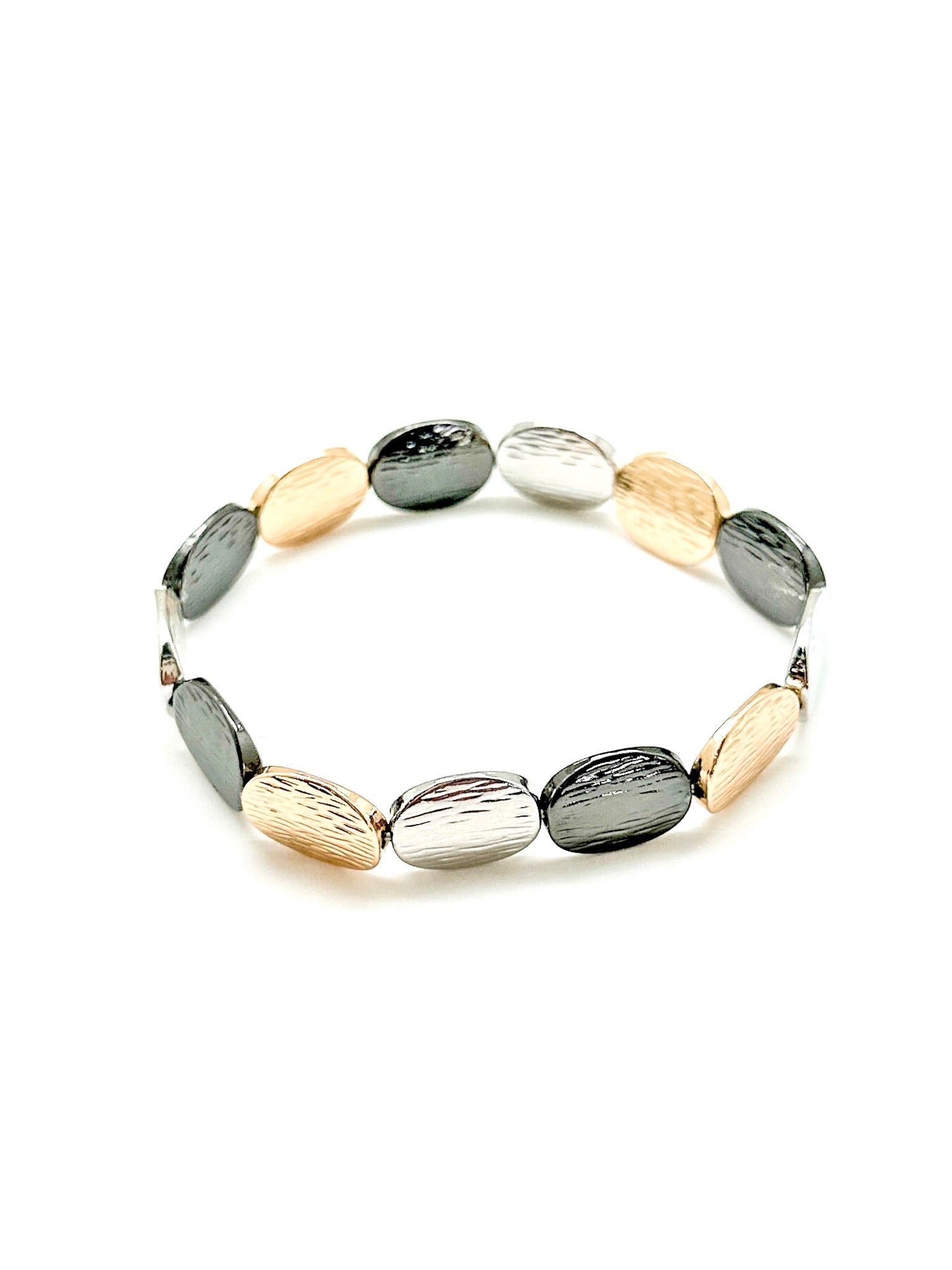 Gold, silver, and black metal oval bracelet
