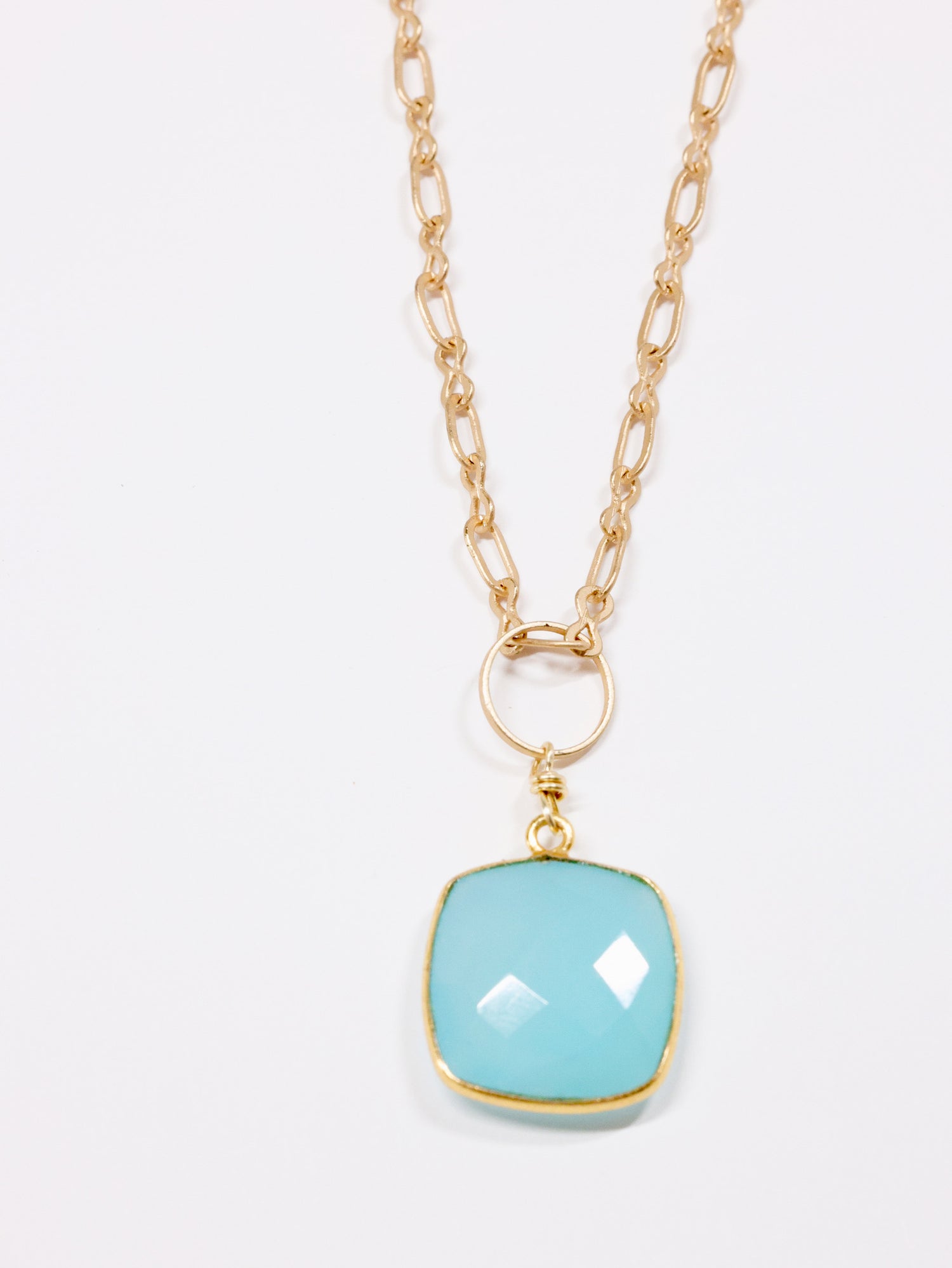 Aqua Chalcedony necklace on a flat lay