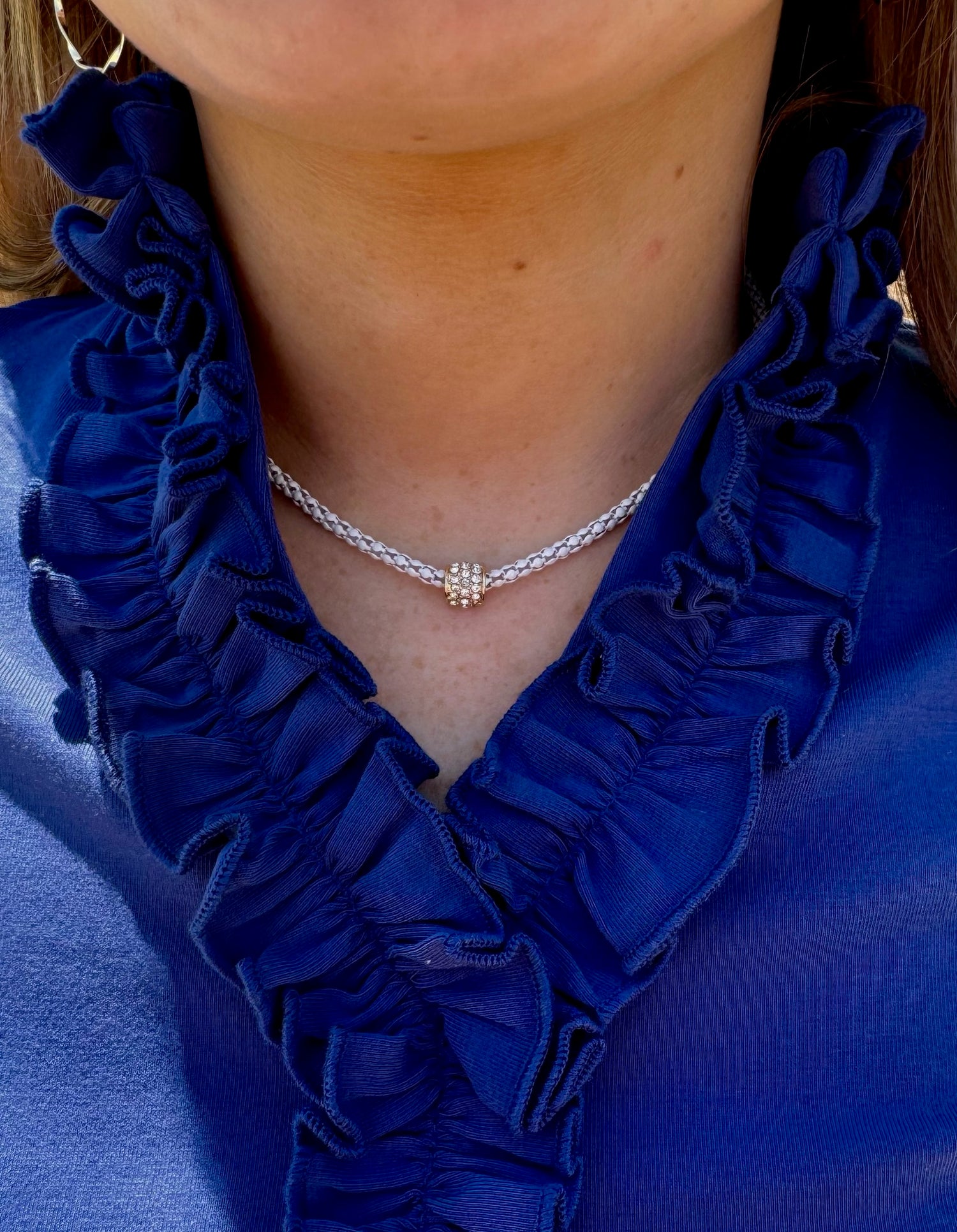 Scarlett Necklace in white shown on model