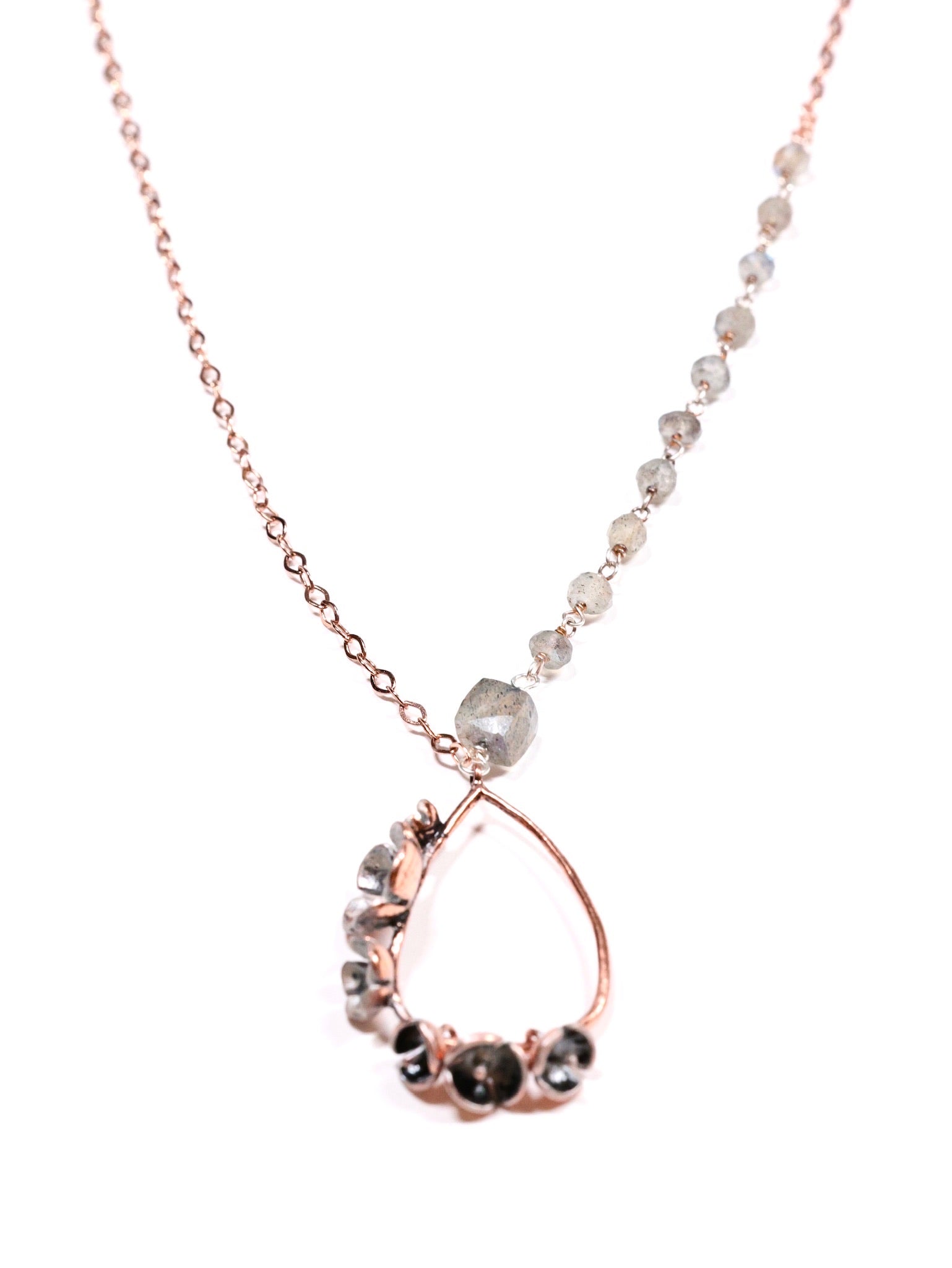 Rose gold teardrop necklace with labradorite gemstones and asymmetrical chain, handcrafted by Nina Halls for Ardor Boutique.