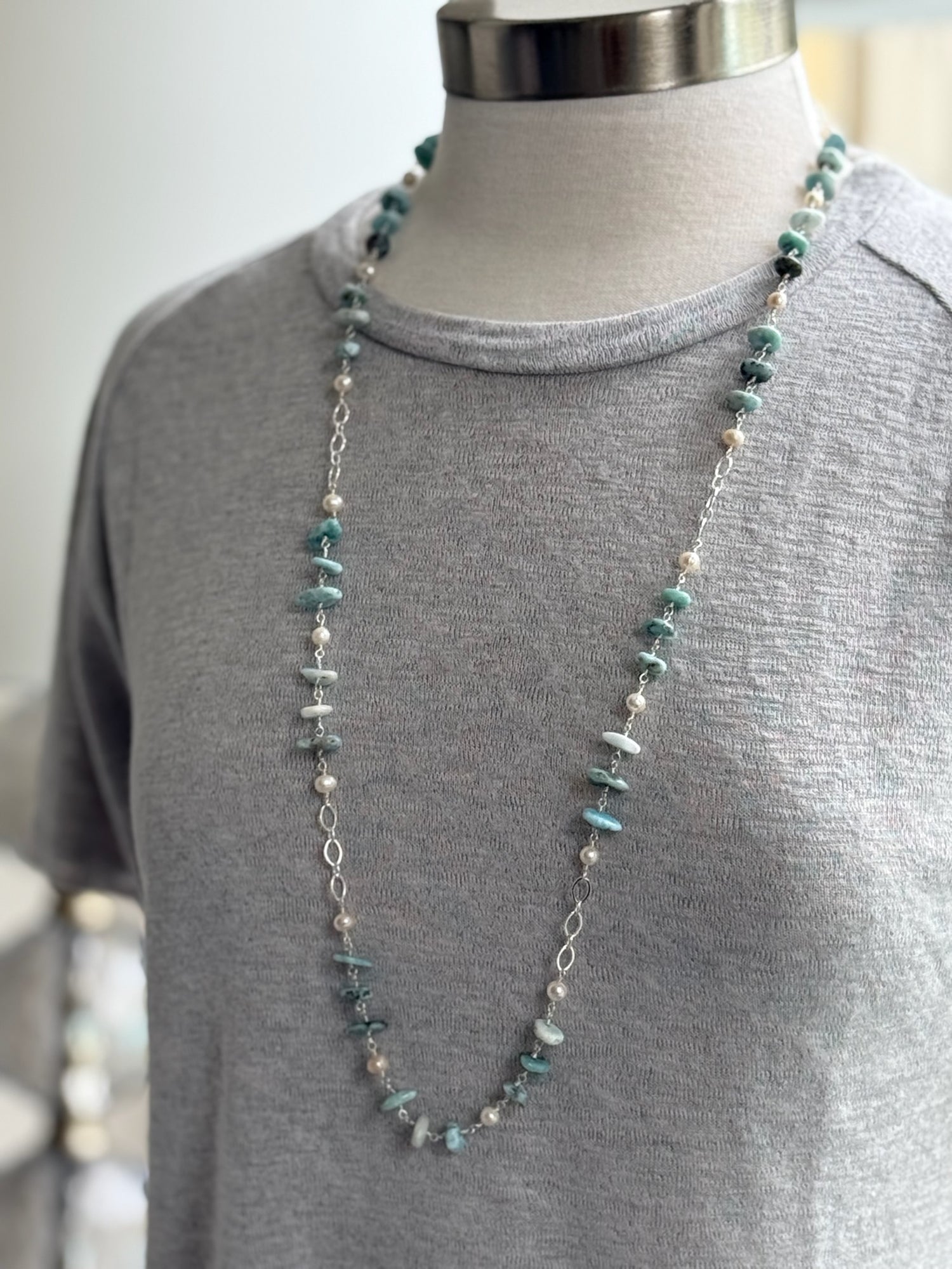 amazonite and sterling silver long necklace