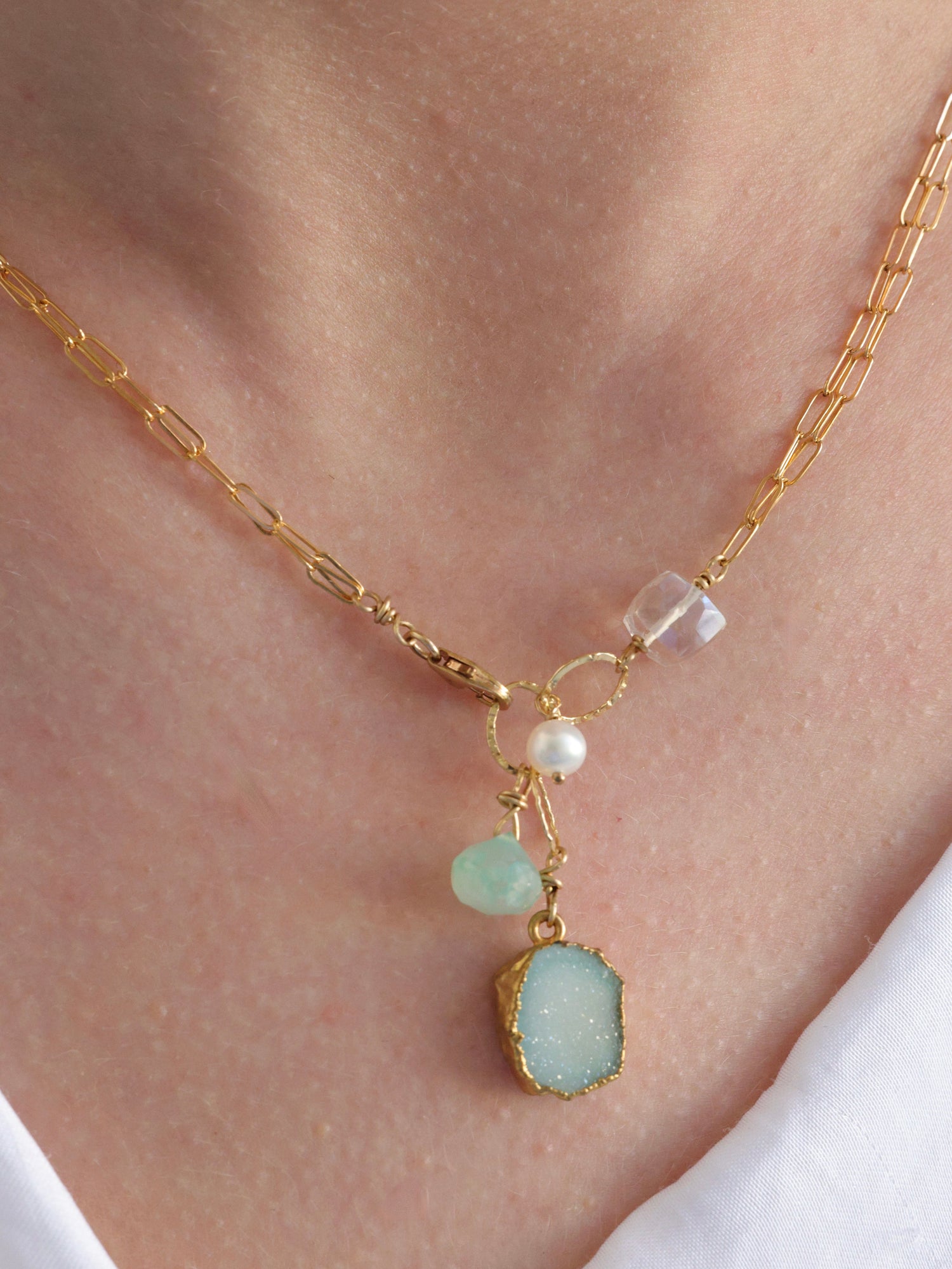 Aqua Druzy WI2W Peruvian chalcedony, Pearl Necklace