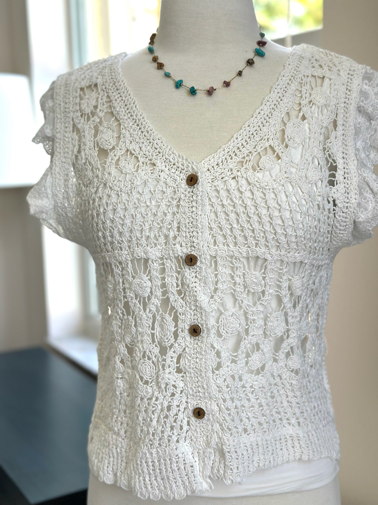 Crochet top, layering tank, and necklace 