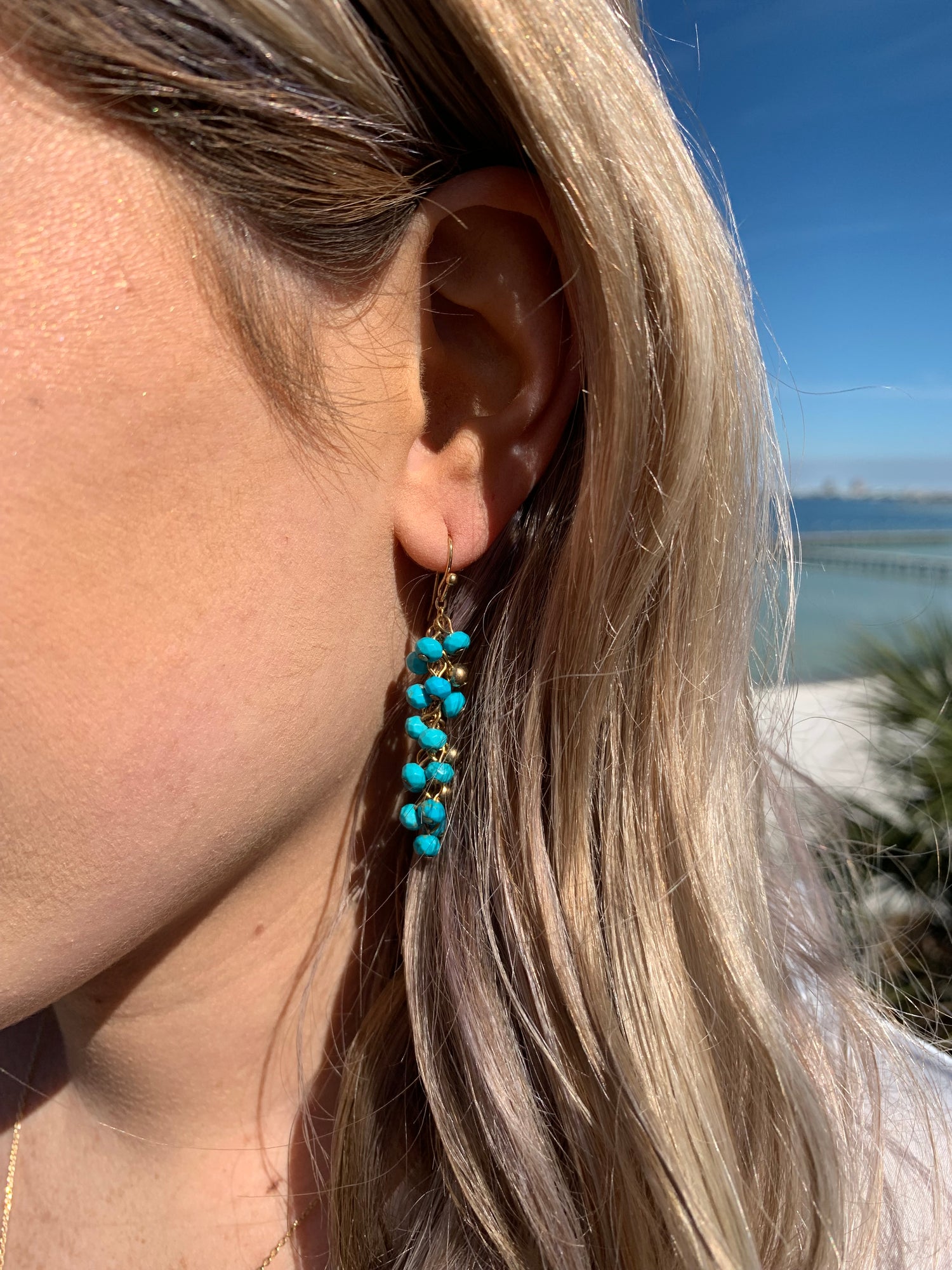 Alayna turquoise earrings on model.