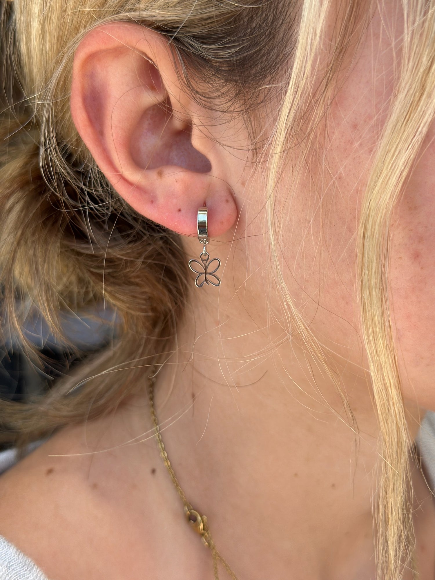 silver butterfly hoop earrings