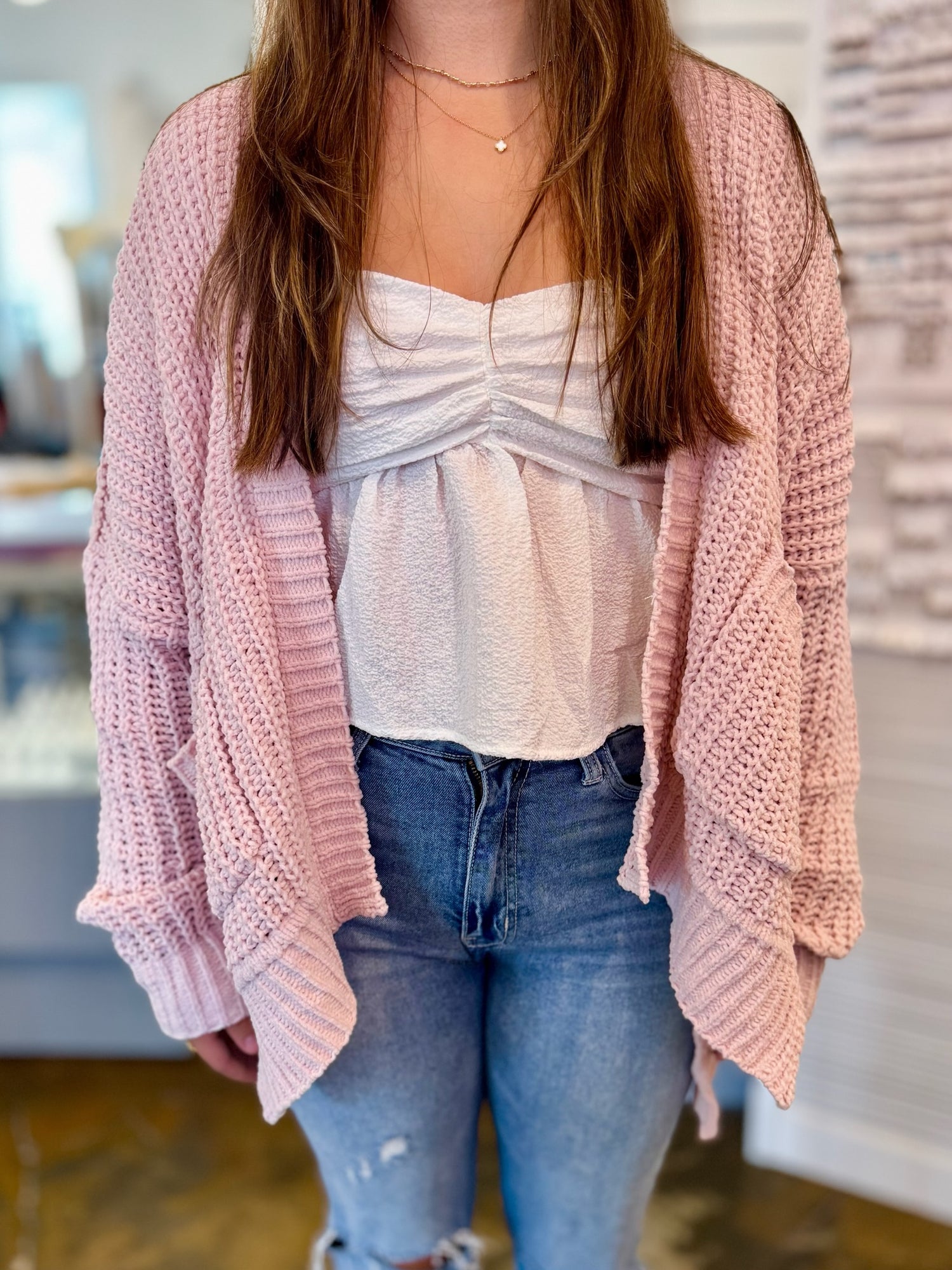 Front of Rosalie Cardigan in Pink