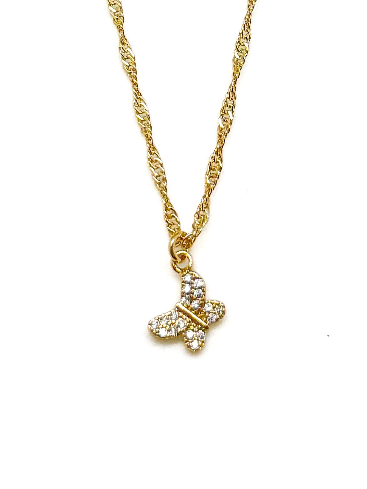 Gold necklace with a butterfly pendant on a white background