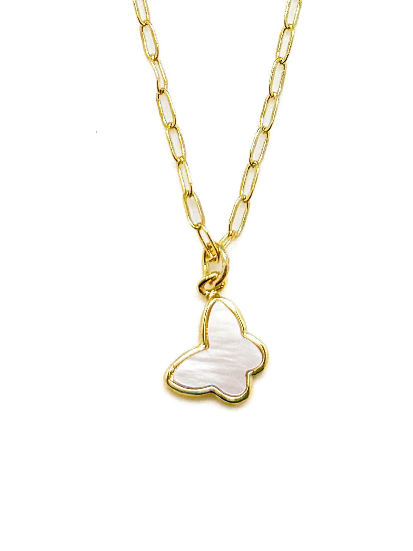 Gold necklace with a butterfly pendant on a white background