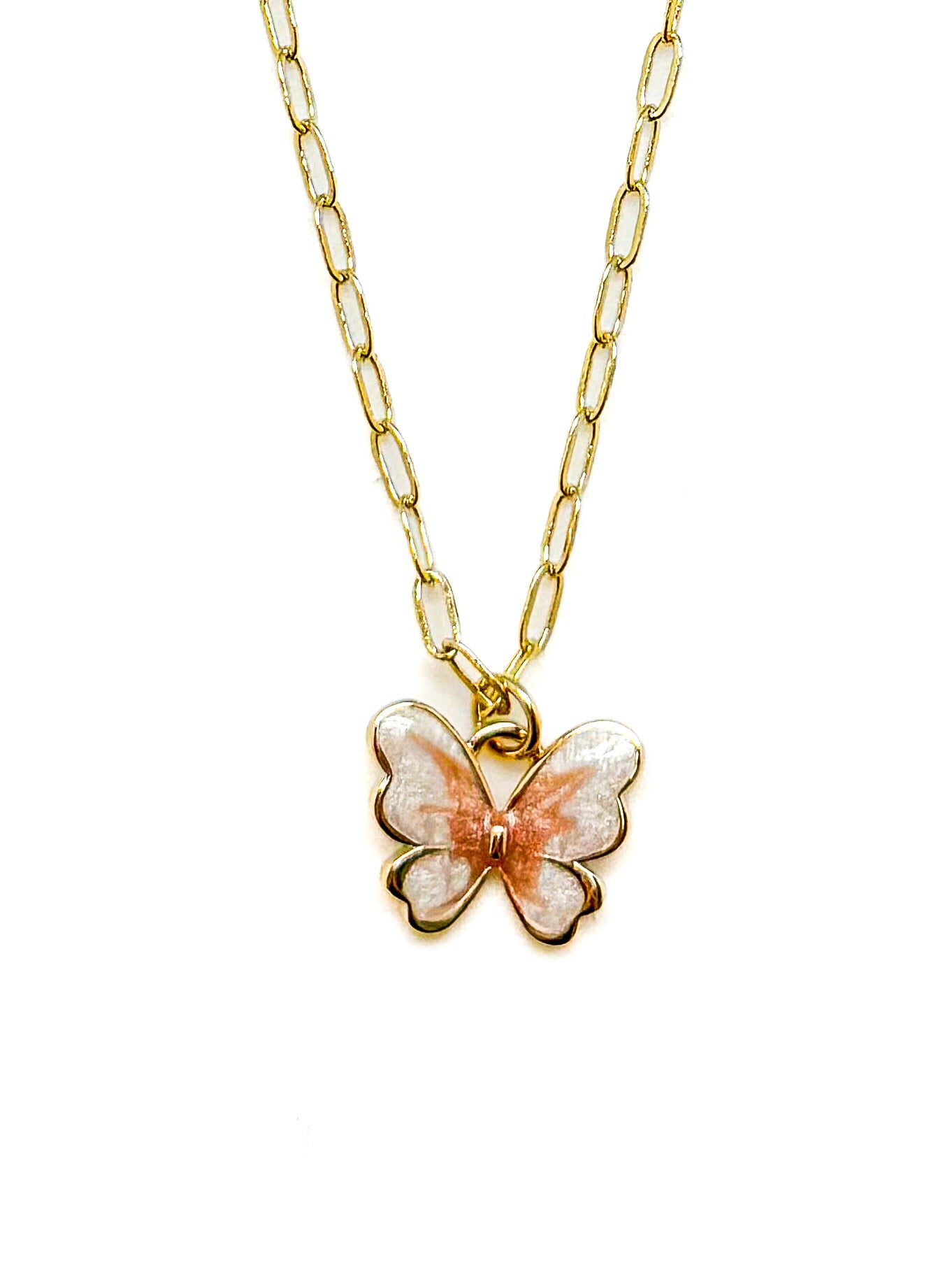 Butterfly pendant necklace on a gold chain with a white background