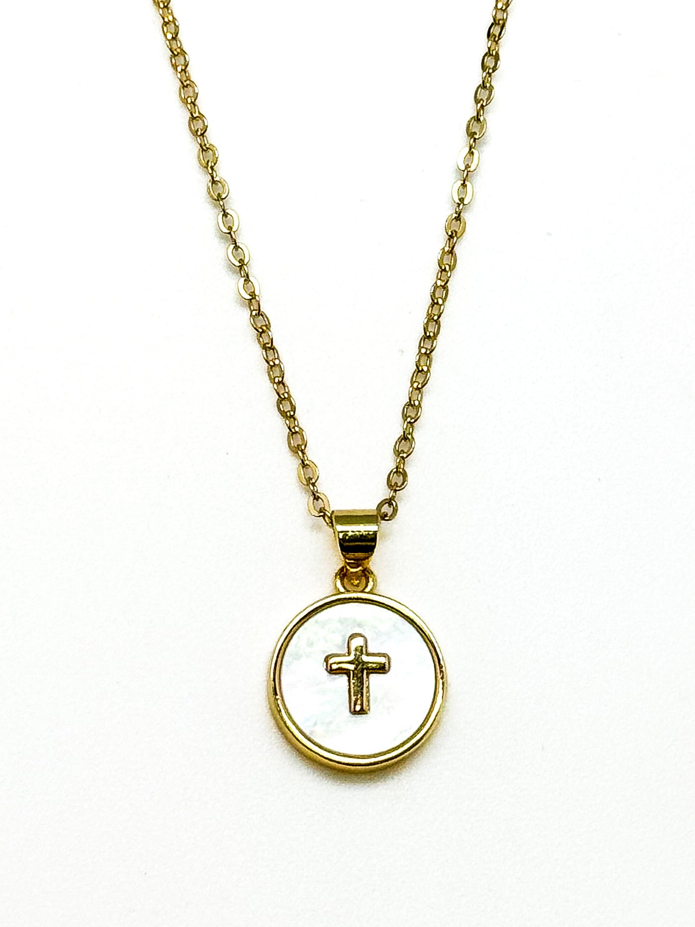 Gold filled mother of pearl cross pendant necklace by Ardor Boutique