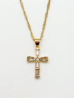 Cleo Crystal Cross Necklace from Ardor Boutique – 16.5-inch gold-filled chain with baguette-cut crystal cross pendant, premium faith jewelry.