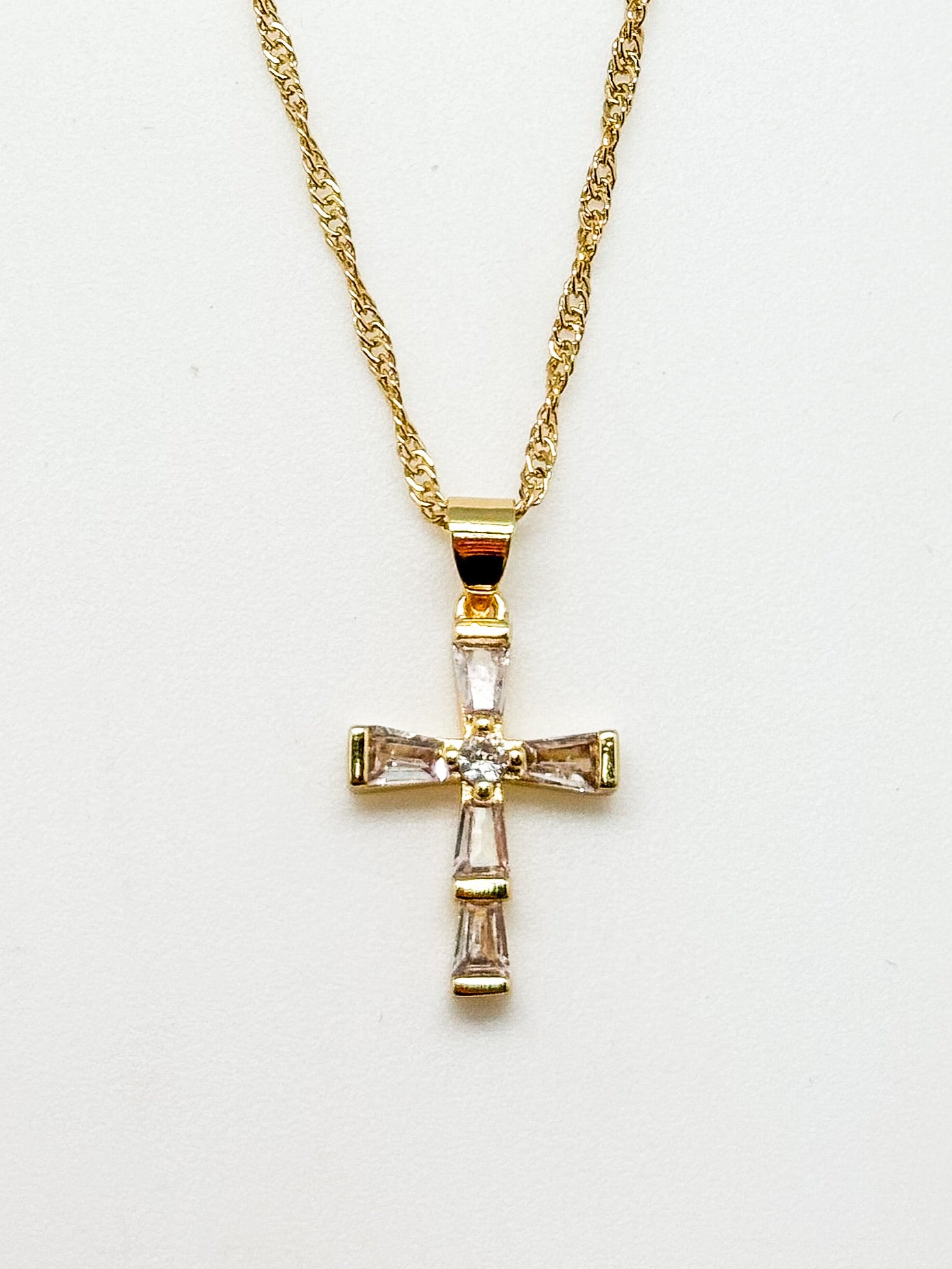 Cleo Crystal Cross Necklace from Ardor Boutique – 16.5-inch gold-filled chain with baguette-cut crystal cross pendant, premium faith jewelry.