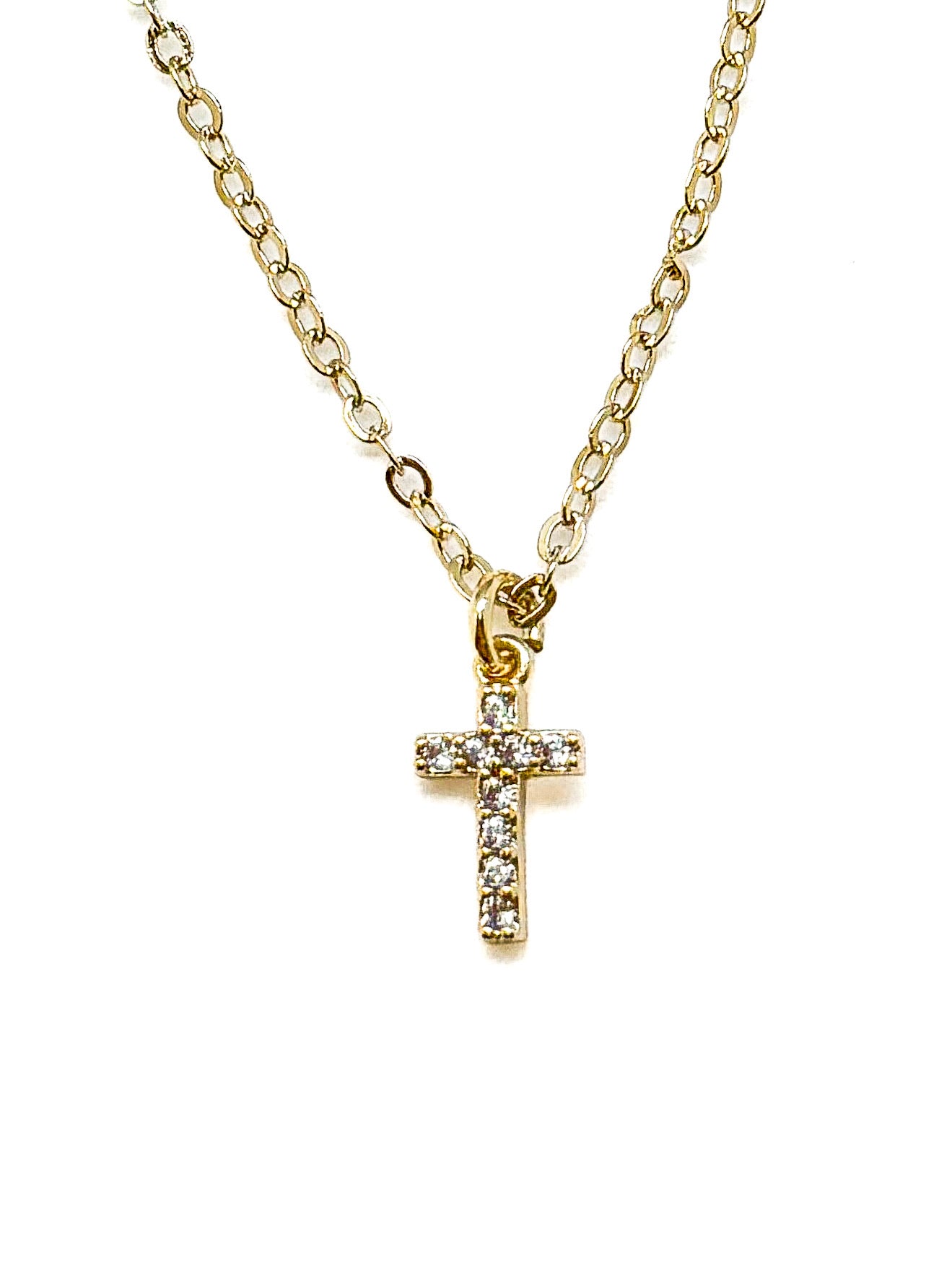Adjustable 15–17.25 inch Amaris Gold Cross Necklace with gold-filled chain and sparkling cross charm, displayed for product detail, Ardor Boutique.