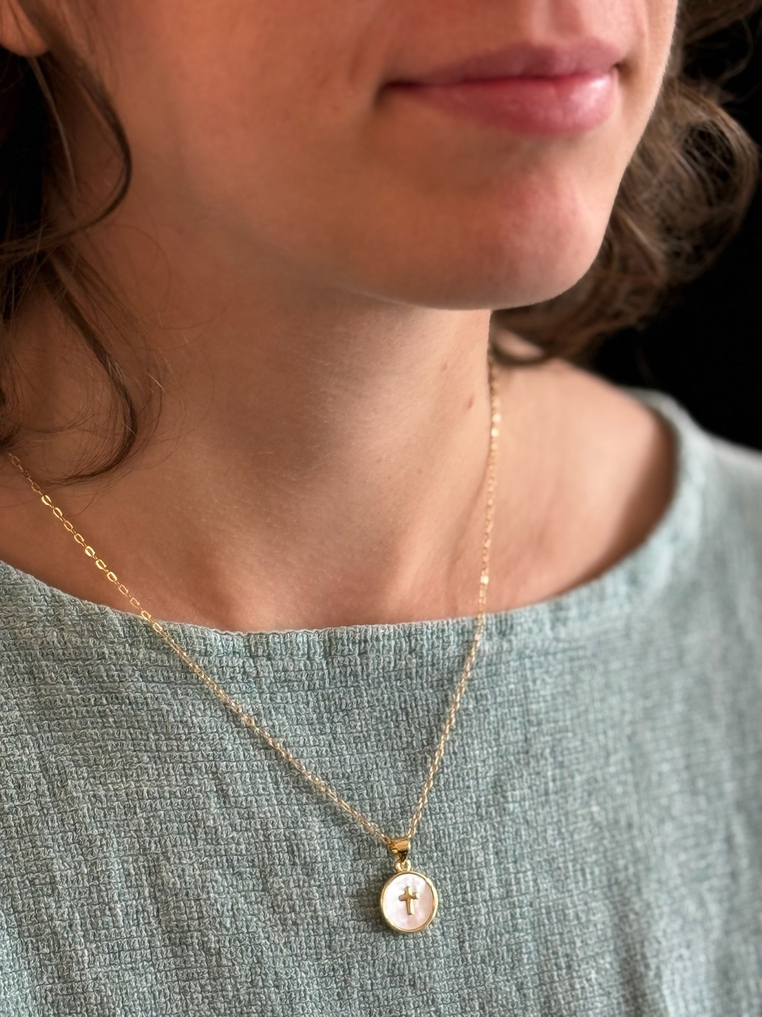 Handmade Mother of Pearl Cross Necklace in Gold Sterling