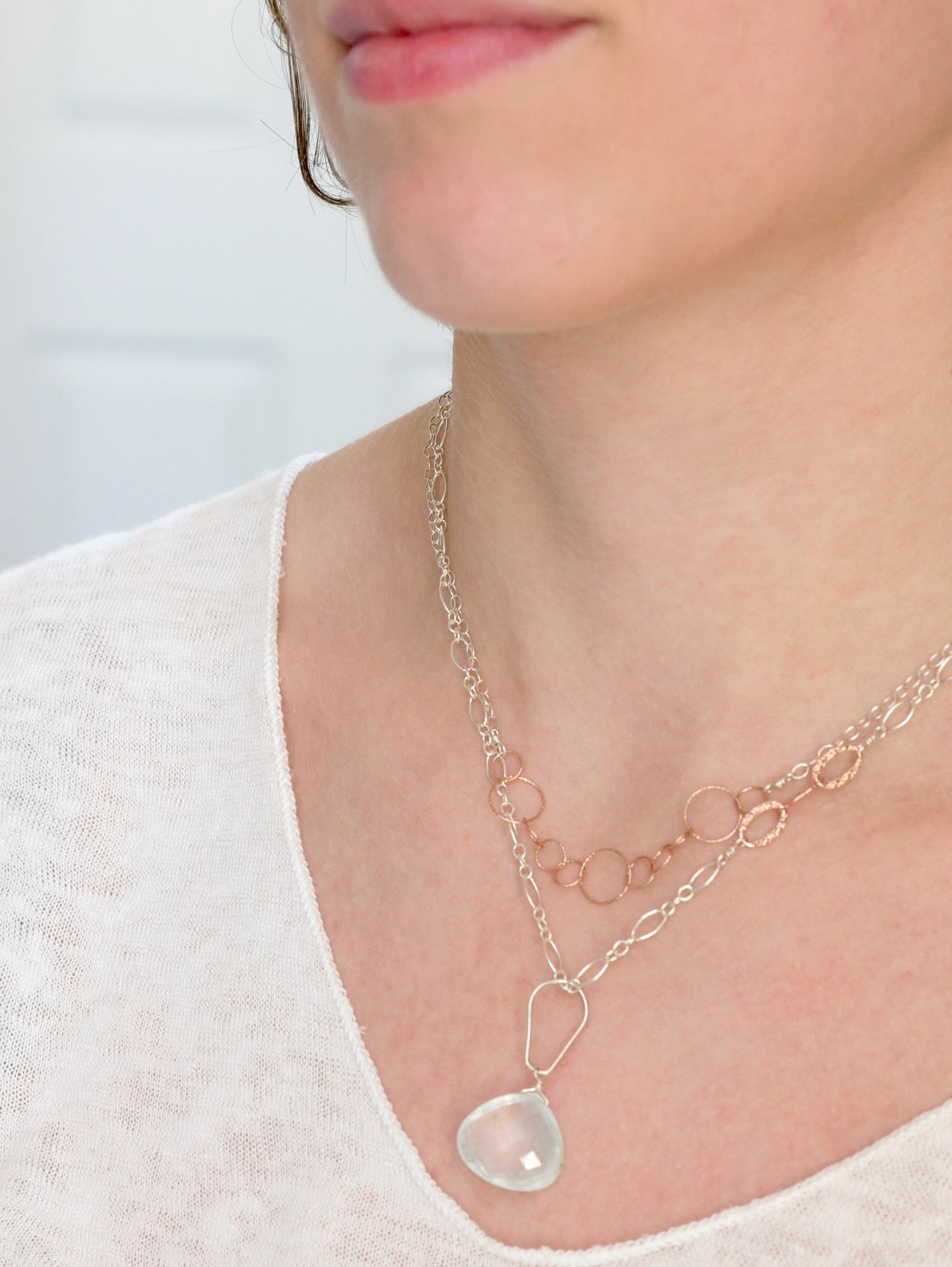Serenity Light Blue Aquamarine nh Necklace layered with  rose gold layering necklace