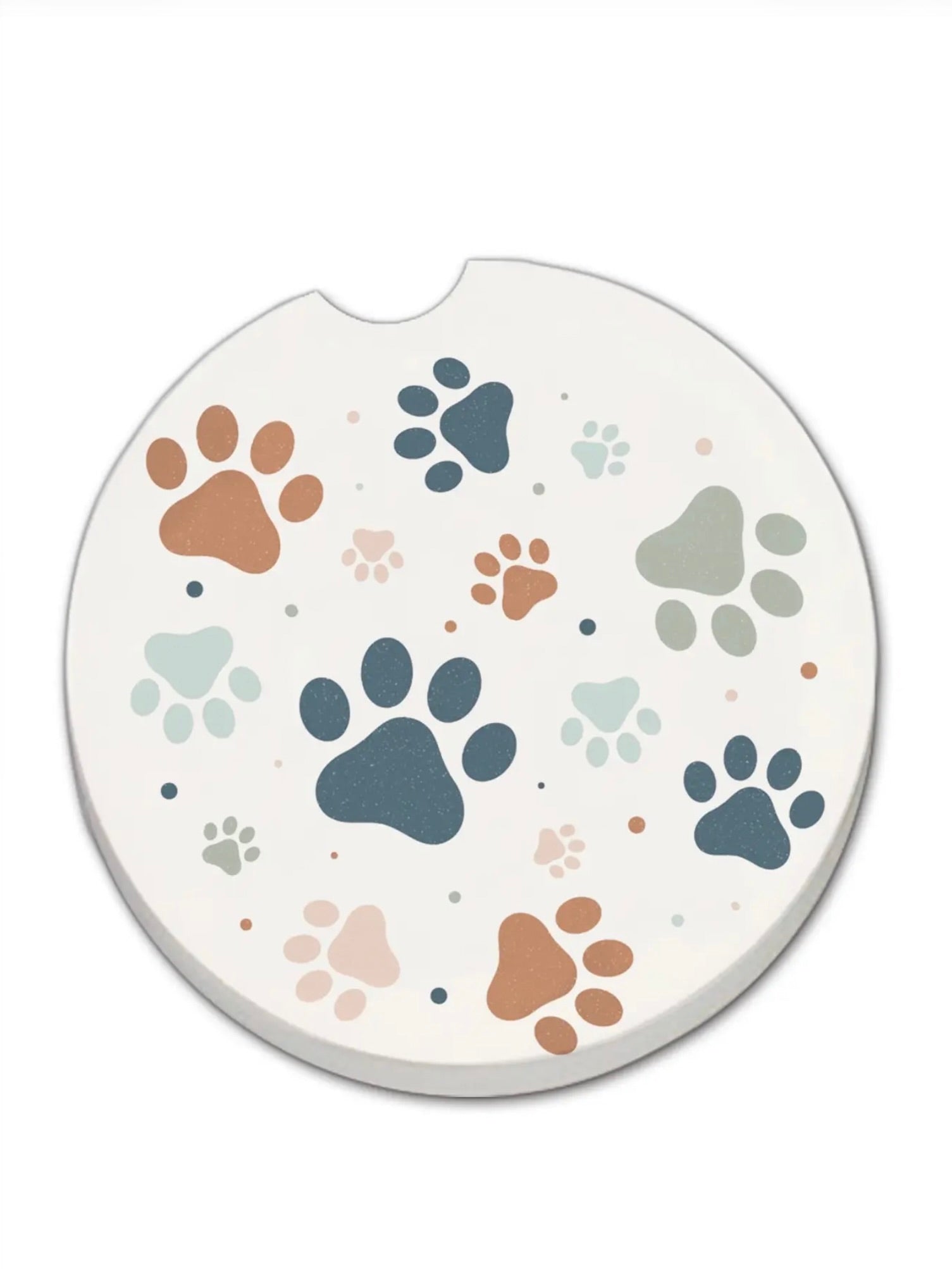 Paw Prints car coaster with multicolor paw design, absorbent stone cup holder insert with easy removal notch from Ardor Boutique