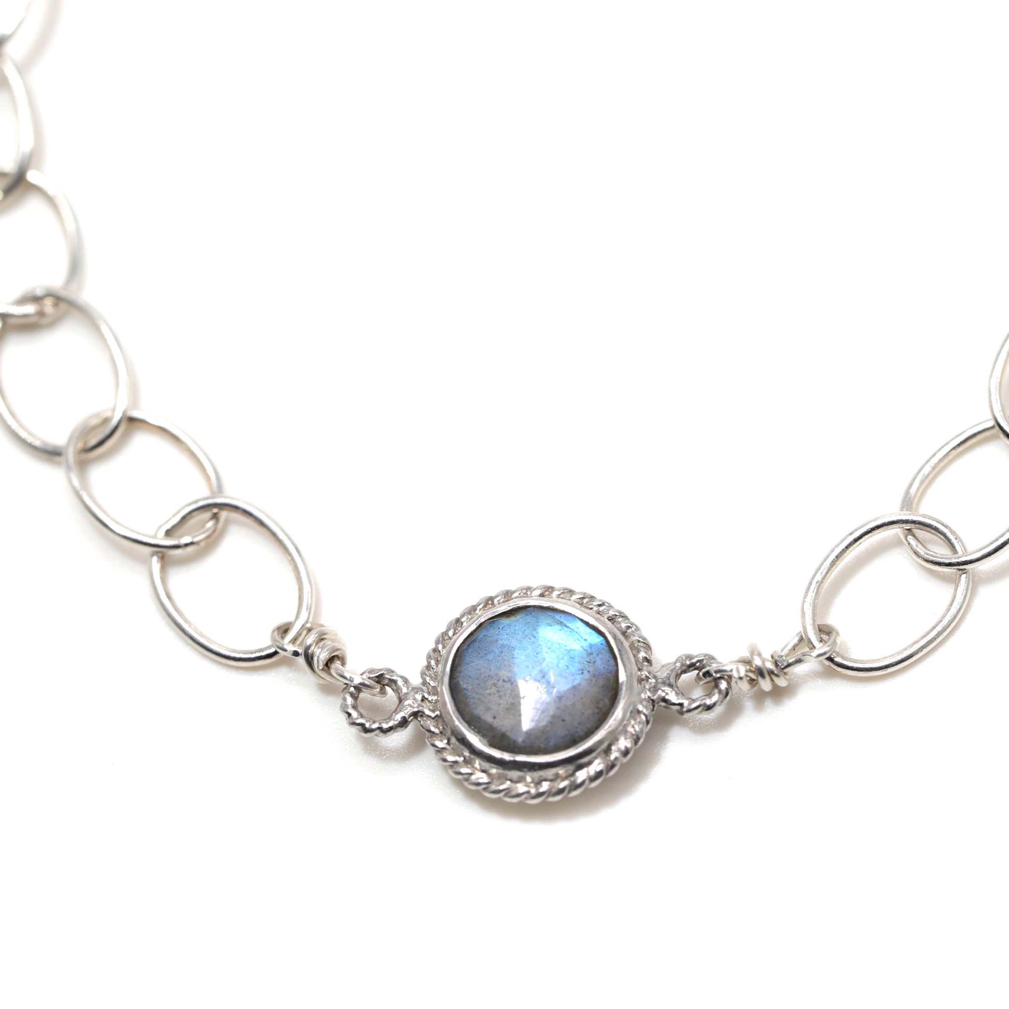Close up of Labradorite Nina Halls jewelry Labradorite Blue Collection Labradorite center stone Nickel-Free Sterling Silver Lobster Clasp Adjustable length to fit the smallest to larger wrists. Length options: shorter to mid, mid, and longest Beautifully handcrafted with love and care Expect slight variations in each piece due to the one of a kind nature of the gemstones. Each piece comes in a small Nina Halls leatherette pouch and gift box Found exclusively at Ardor Boutique