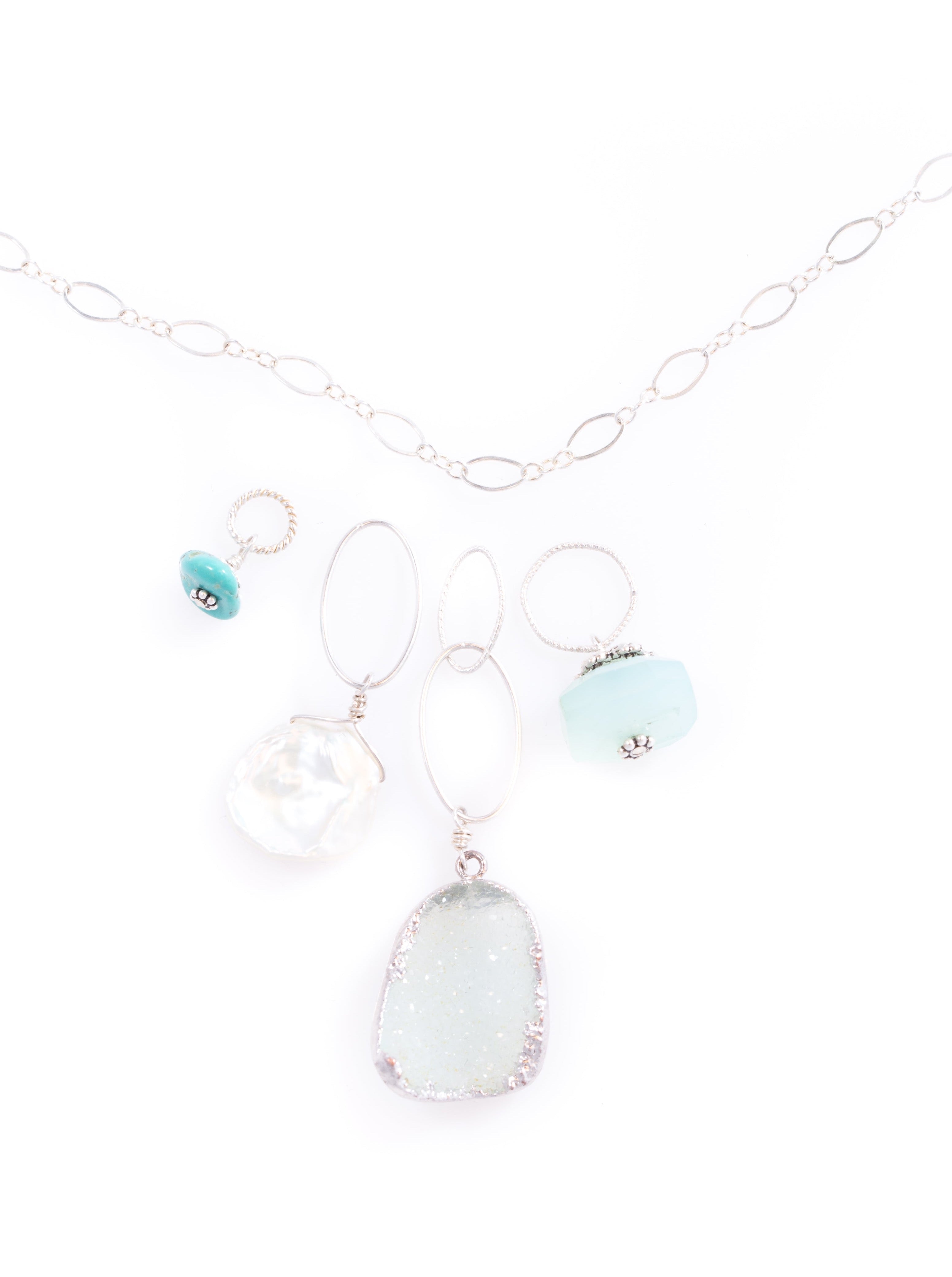 Fiji NH Necklace with Druzy, Keshi Pearl, Peruvian Chalcedony, and Kingman Turquoise Pendants deconstructed