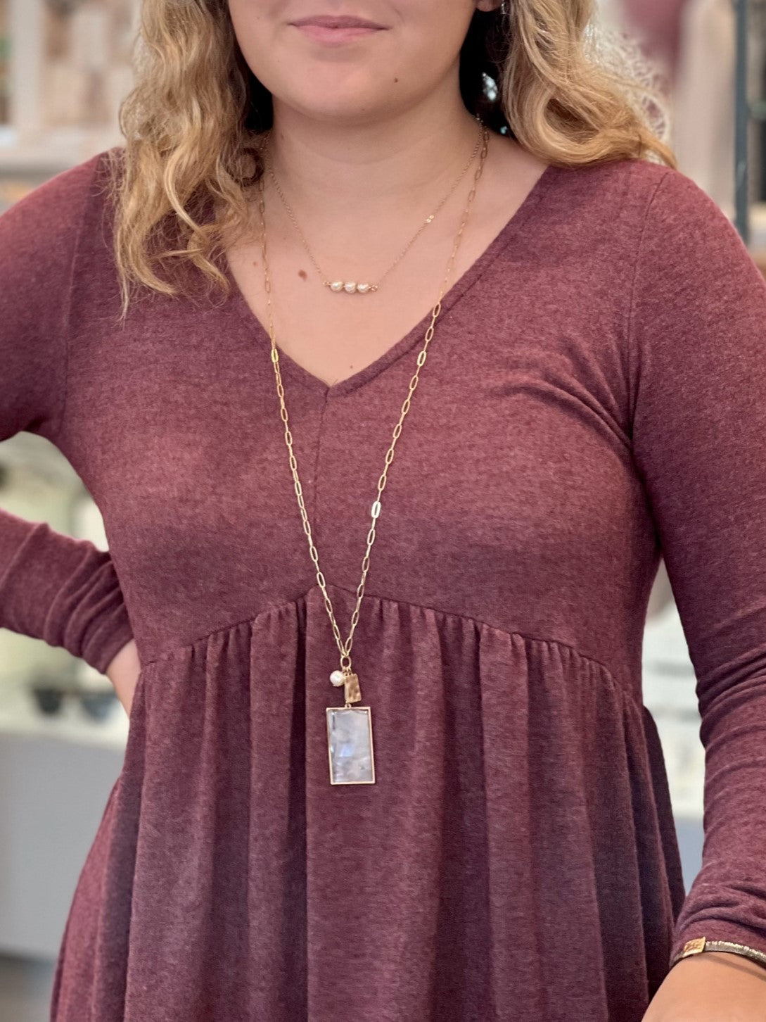Hannah Pearl Necklace layered with Lyla Link necklace on model,