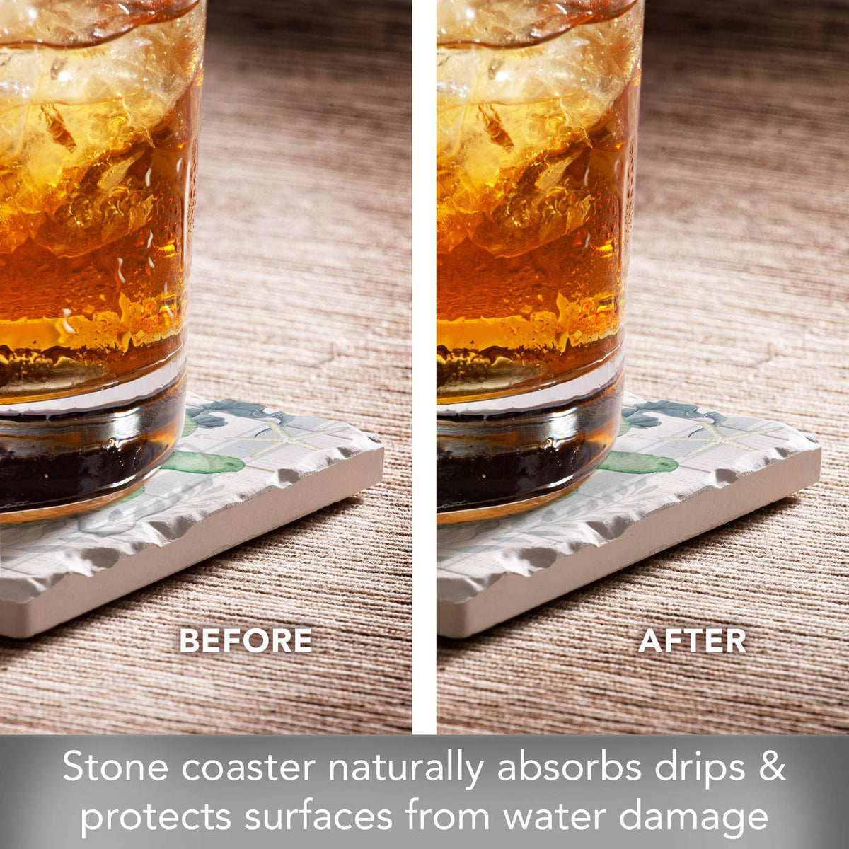 Before and after comparison of a glass with a drink on a stone coaster.