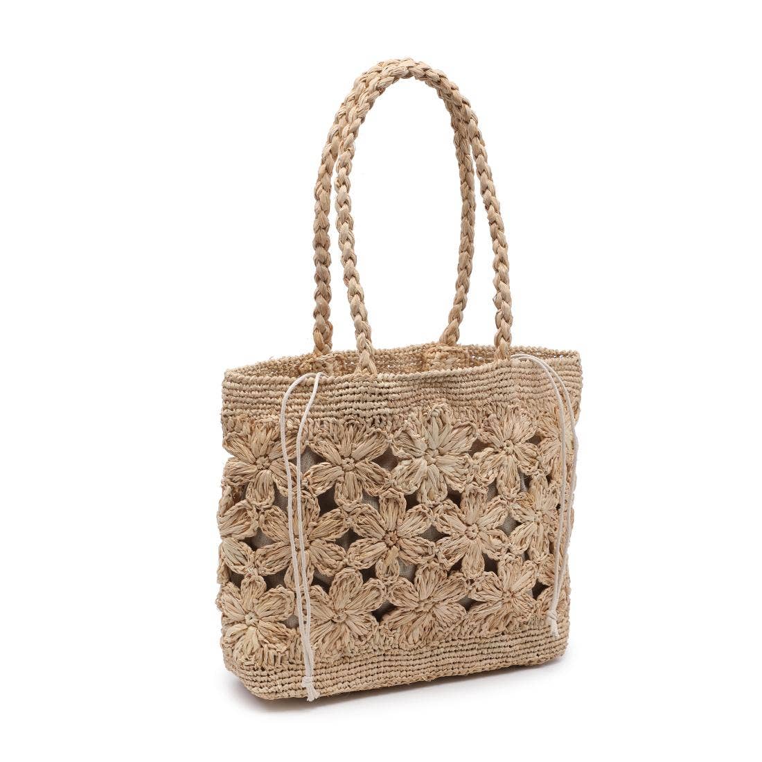 Natural woven tote bag featuring an open floral crochet design, braided shoulder straps, and a structured rectangular silhouette. Crafted in a natural raffia-style material with intricate flower detailing and a lightweight, beach-inspired look.