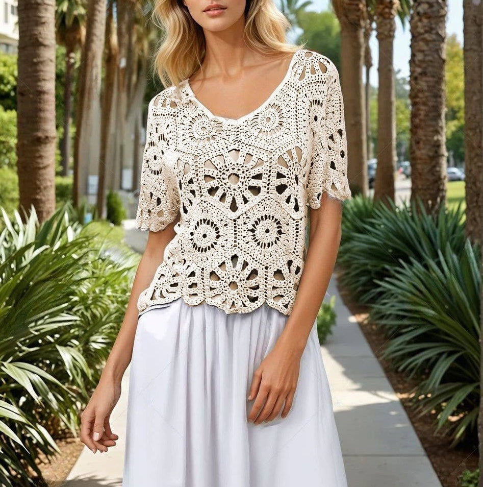 beige crochet short sleeve top