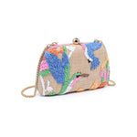 Colorful embroidered handbag with birds on a white background
