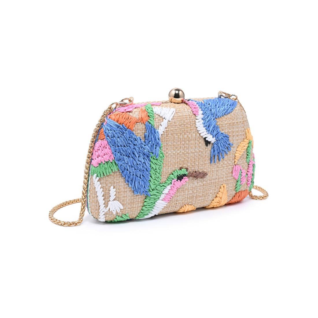 Colorful embroidered handbag with birds on a white background