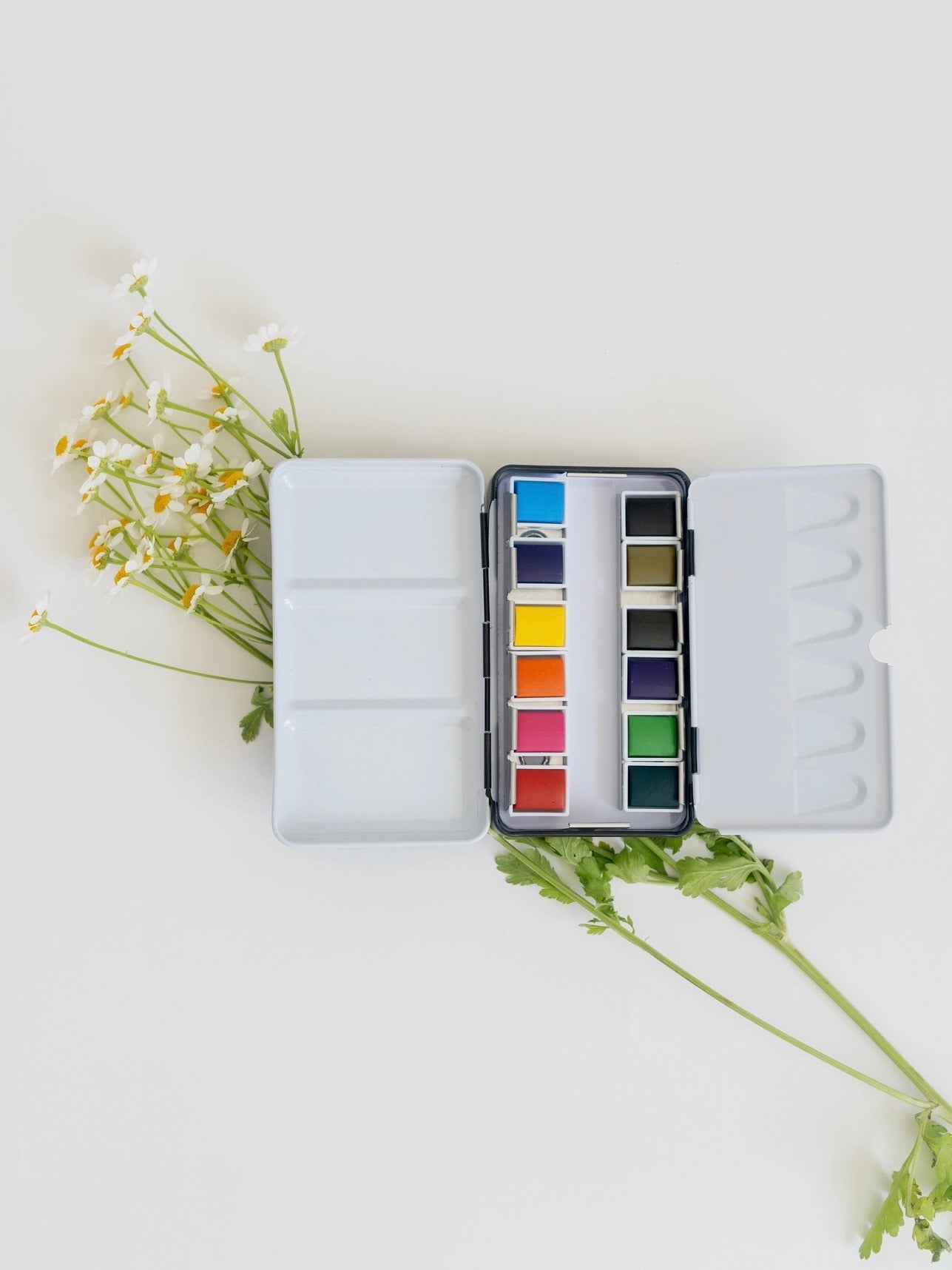 Watercolor paint set with open lid showing colors, surrounded by flowers on a light background