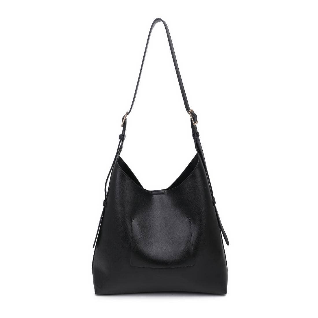 Black leather handbag on a white background