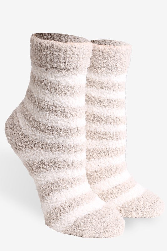 Soft plush striped crew socks with a cozy fuzzy texture, available in multiple colors at Ardor Boutique.