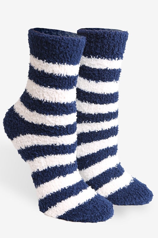 Soft plush striped crew socks with a cozy fuzzy texture, available in multiple colors at Ardor Boutique.