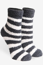 Soft plush striped crew socks with a cozy fuzzy texture, available in multiple colors at Ardor Boutique.