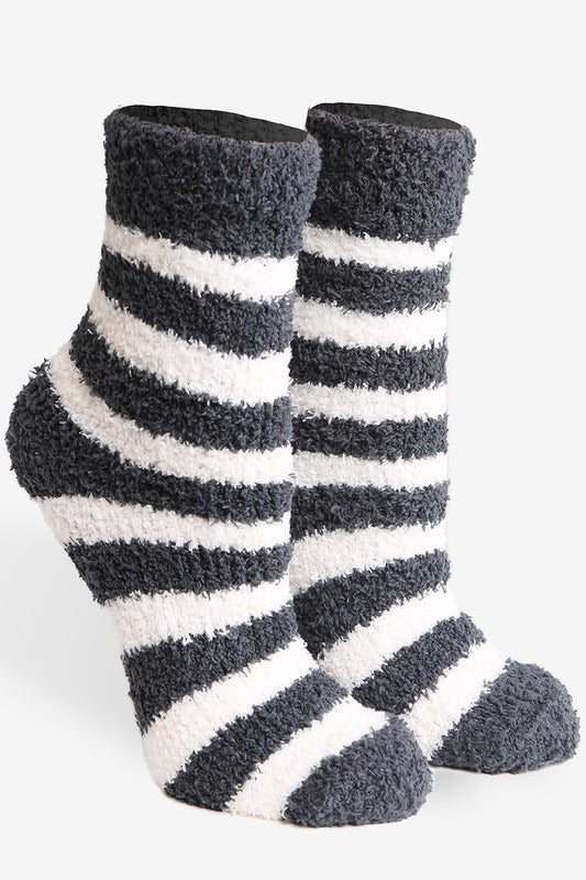 Soft plush striped crew socks with a cozy fuzzy texture, available in multiple colors at Ardor Boutique.