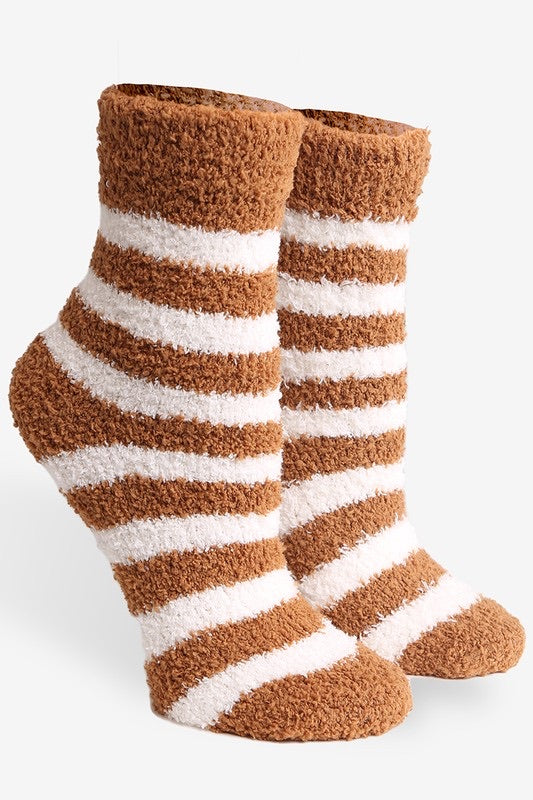 Soft plush striped crew socks with a cozy fuzzy texture, available in multiple colors at Ardor Boutique.