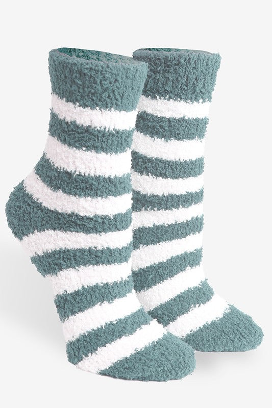 Soft plush striped crew socks with a cozy fuzzy texture, available in multiple colors at Ardor Boutique.