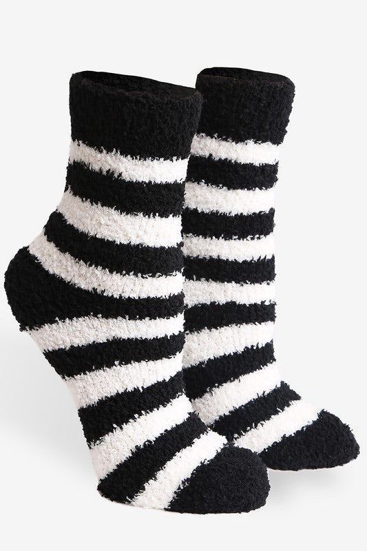 Soft plush striped crew socks with a cozy fuzzy texture, available in multiple colors at Ardor Boutique.