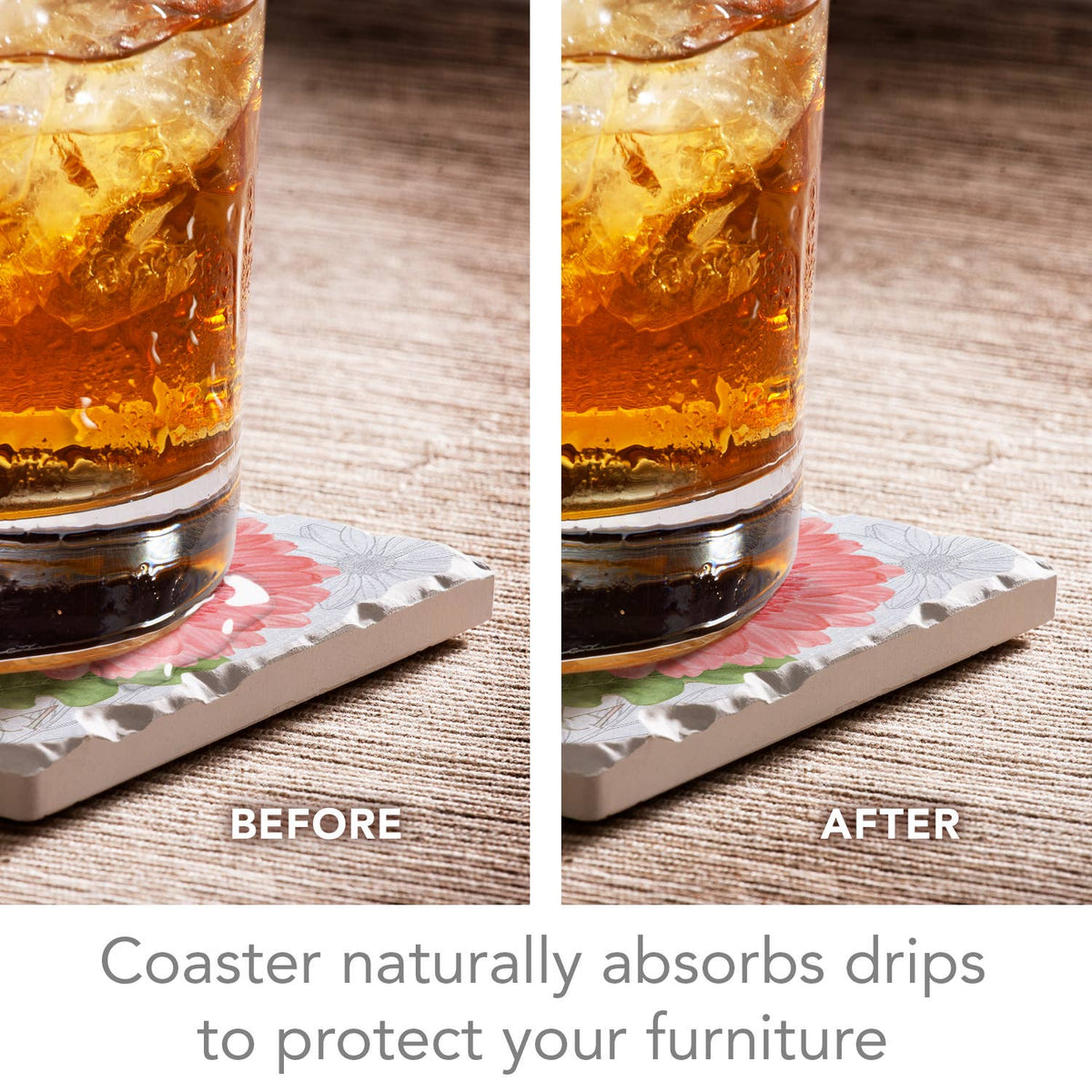 Coaster absorbing a drink's spill on a wooden surface with text 'Coaster naturally absorbs drips to protect your furniture'.