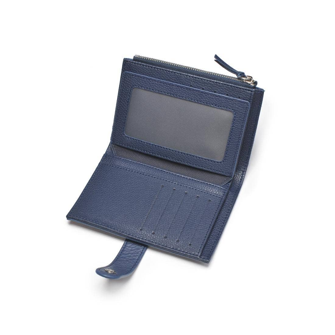 Blue leather wallet with a card holder on a white background