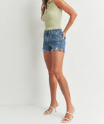 high rise hem slit jean shorts