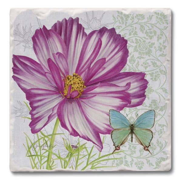 A square decorative tile or coaster featuring a large purple and white cosmos flower with green stems, a light blue-green butterfly, and a pale green floral damask pattern on a white background.
