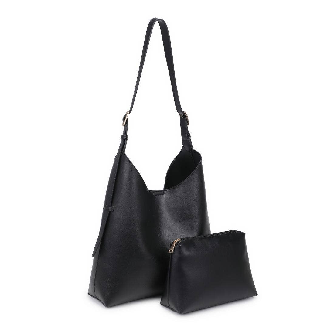 Black leather handbag with matching pouch on a white background