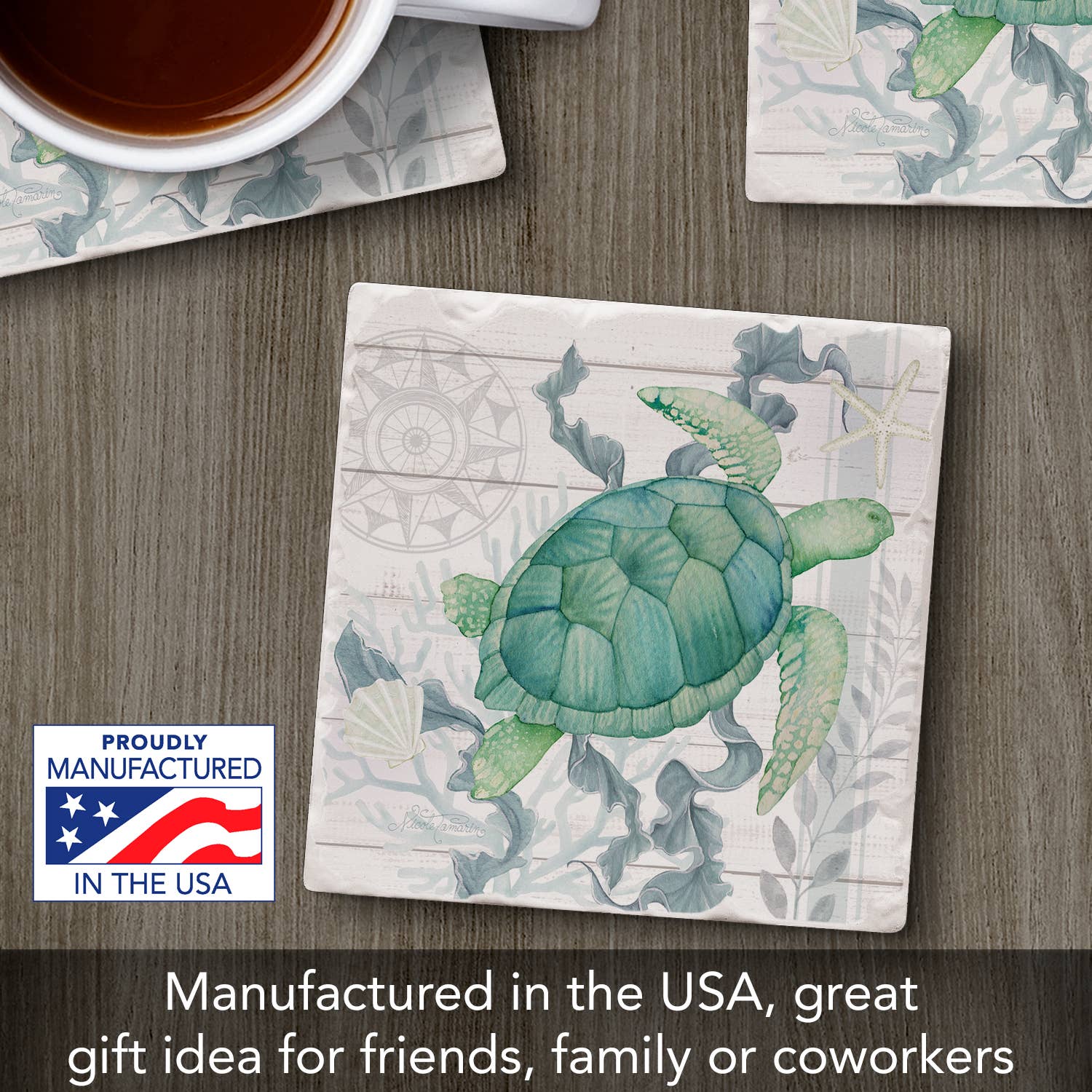 Coaster with turtle design on a wooden surface with a cup of coffee.