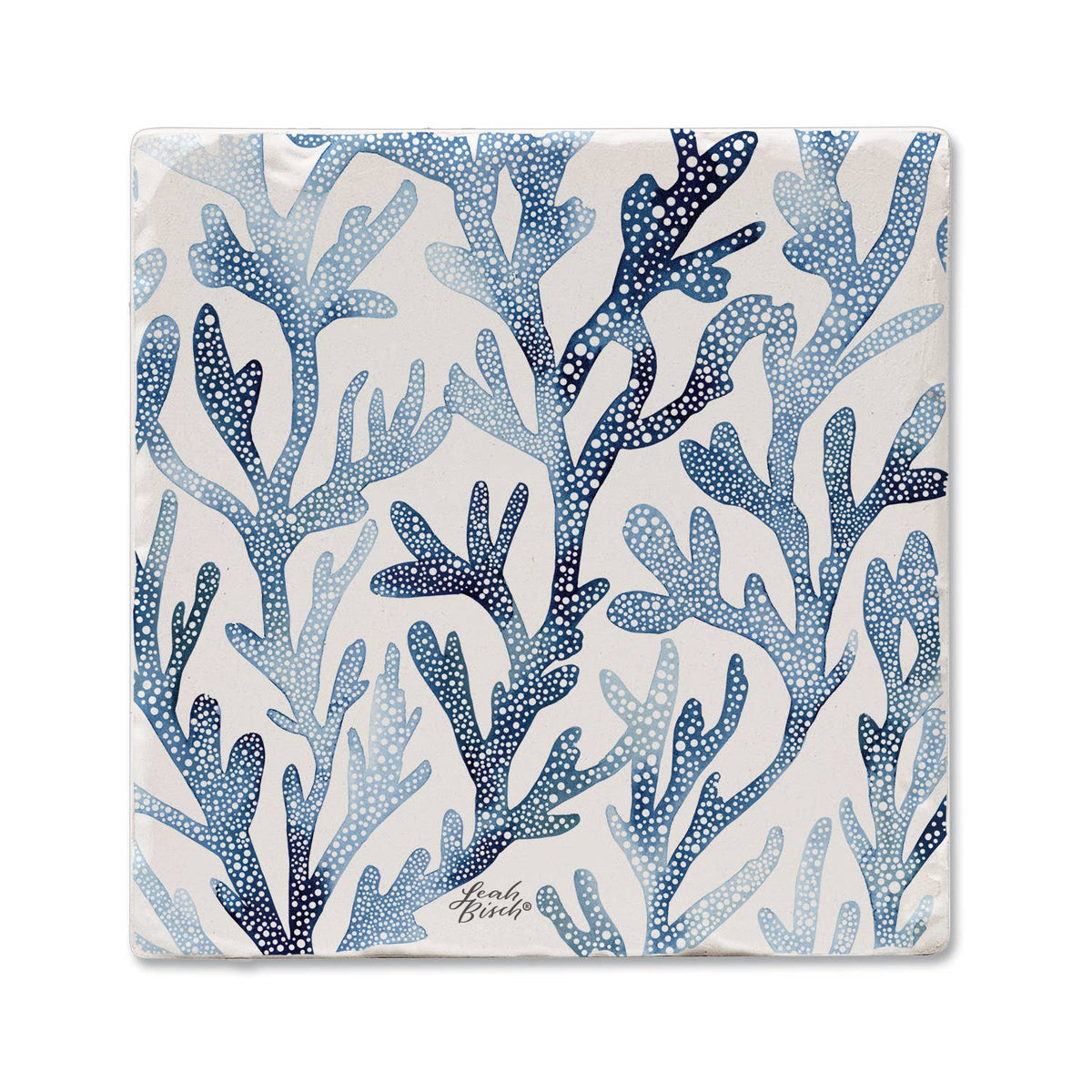 A square ceramic coaster featuring a blue coral or seaweed pattern on an off-white background, with the brand name 'Kaleidoscope' printed in the lower right corner.