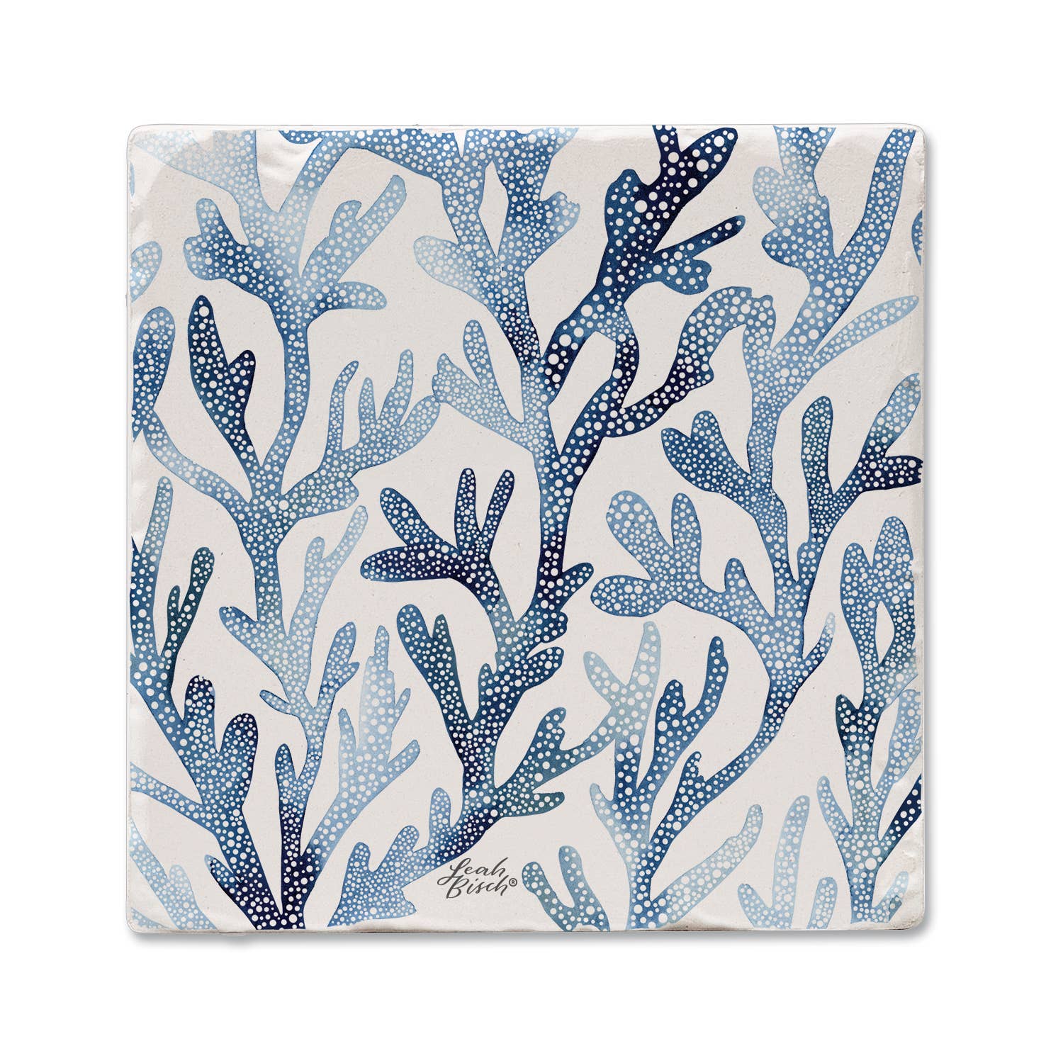 A square ceramic coaster featuring a blue coral or seaweed pattern on an off-white background, with the brand name 'Kaleidoscope' printed in the lower right corner.