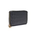Black woven wallet with a gold zipper on a white background